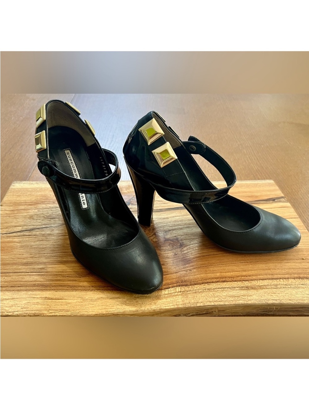 Suecomma Bonnie Black Leather Mary Jane Gold Hardware Heels 35